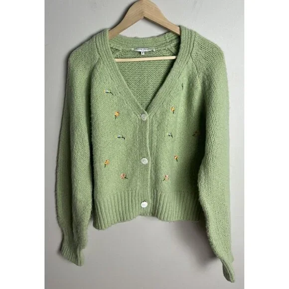 English Factory Green Floral Embroidered Cardigan Size Medium Cottagecore Womens - Picture 1 of 6